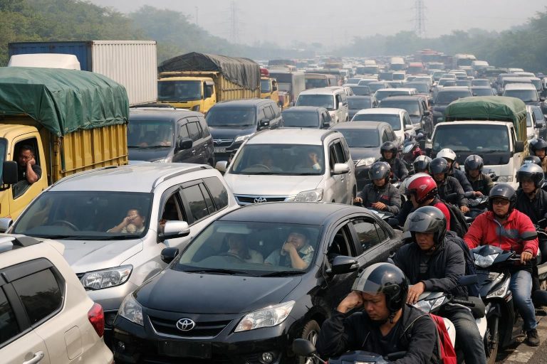 pemudik dari bekasi ke tol cikampek mengeluhkan kemacetan parah selama 5 jam. rekor baru kemacetan terpecahkan, informasi lengkap hanya di kompas.com.