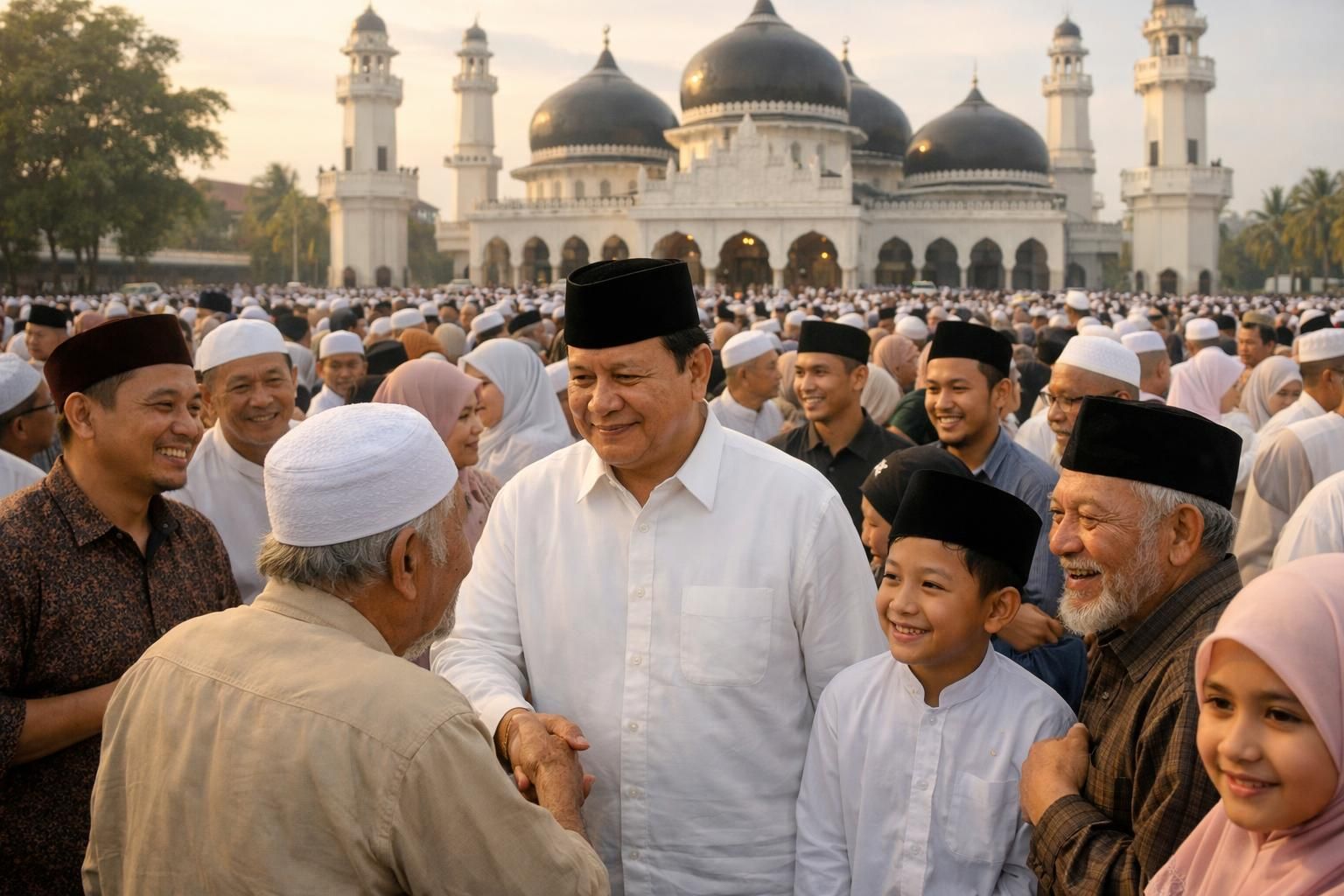 setelah shalat id di masjid darussalam, prabowo berbaur dengan jemaah, menciptakan suasana semangat saat warga berebut salaman dengannya.