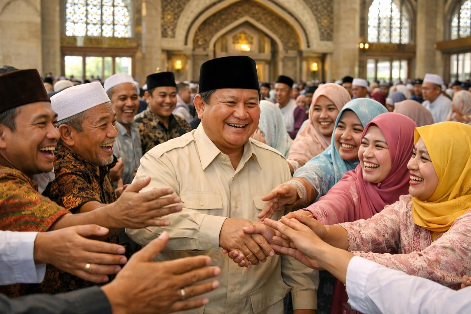 setelah melaksanakan shalat id di masjid darussalam, prabowo berbaur langsung dengan jemaah. warga terlihat antusias berebut untuk bersalaman dengannya, menunjukkan semangat dan kebersamaan yang hangat.