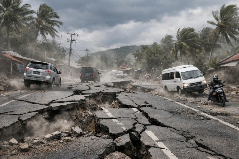 gempa dahsyat berkekuatan magnitudo 7,6 mengguncang sulawesi utara dan maluku utara, menyebabkan aspal jalan bergetar hebat – laporan dari bbc.