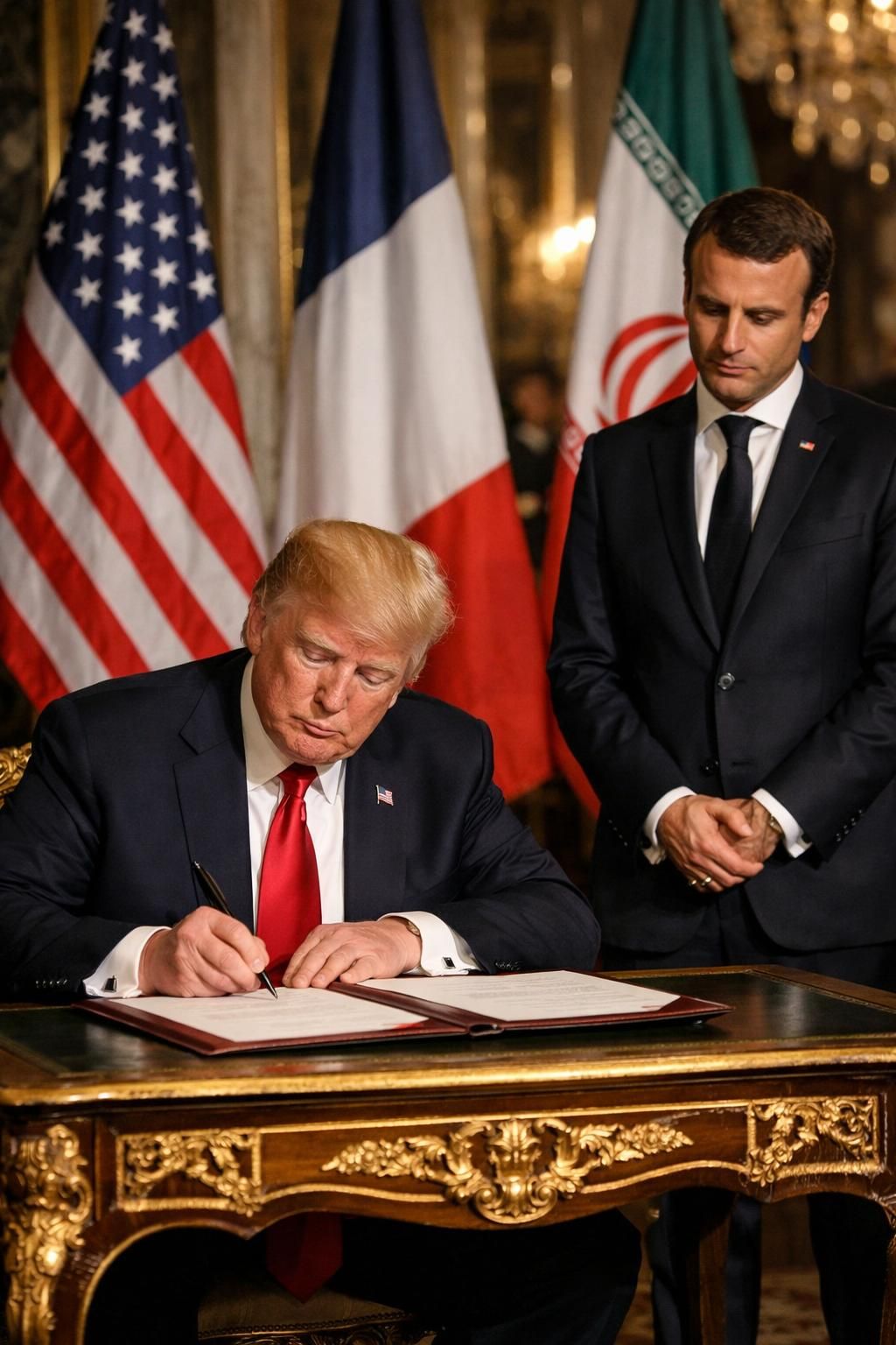 momen bersejarah terjadi saat trump menandatangani mou perdamaian dengan iran di istana versailles, disaksikan langsung oleh presiden macron, menandai langkah penting dalam hubungan internasional.