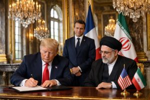 momen bersejarah terjadi ketika trump menandatangani mou perdamaian dengan iran di istana versailles, disaksikan langsung oleh presiden macron, menandai langkah penting dalam hubungan internasional.
