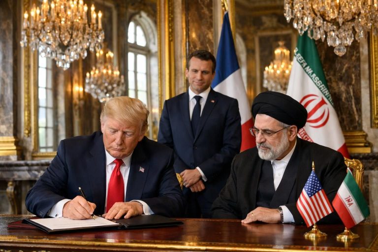 momen bersejarah terjadi ketika trump menandatangani mou perdamaian dengan iran di istana versailles, disaksikan langsung oleh presiden macron, menandai langkah penting dalam hubungan internasional.