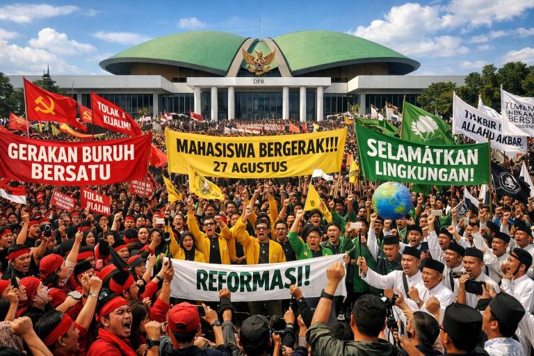 ikuti demo besar pada 27 agustus di dpr dengan informasi jadwal lengkap dan tuntutan dari 4 kelompok massa utama yang diliput oleh afu.id.