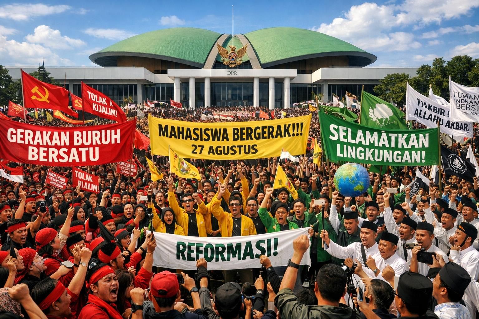 ikuti demo besar pada 27 agustus di dpr dengan informasi jadwal lengkap dan tuntutan dari 4 kelompok massa utama yang diliput oleh afu.id.