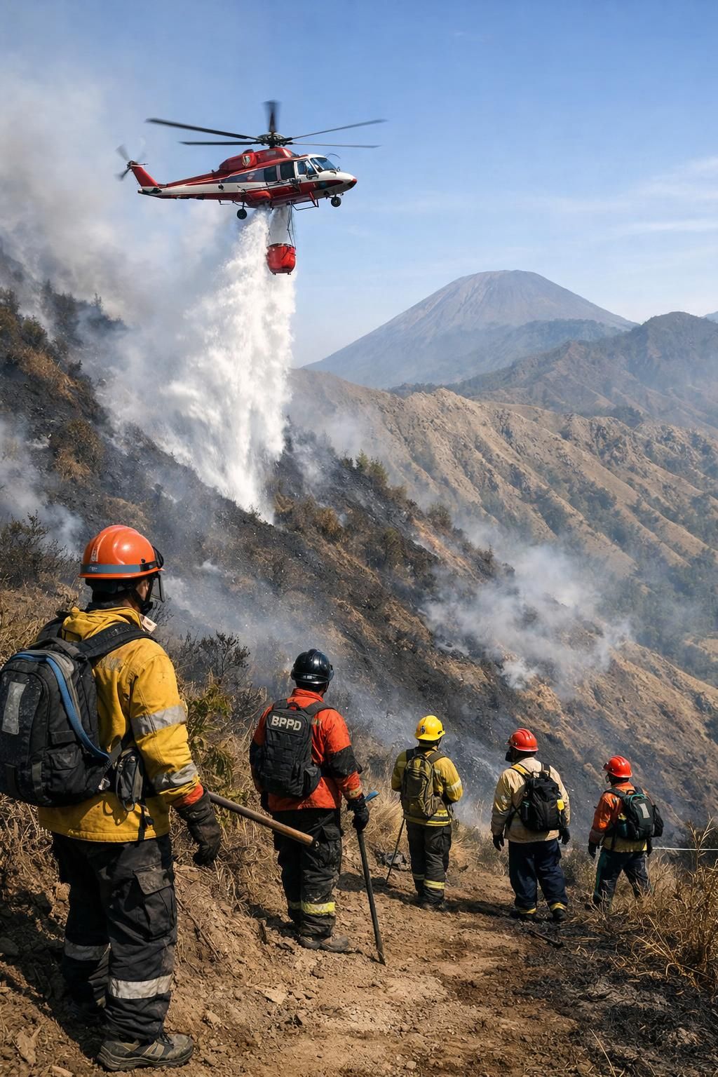 menhut meninjau langkah-langkah penanggulangan kebakaran di bromo dengan mengoptimalkan penggunaan water bombing untuk memadamkan api secara efektif dan melindungi kawasan wisata.