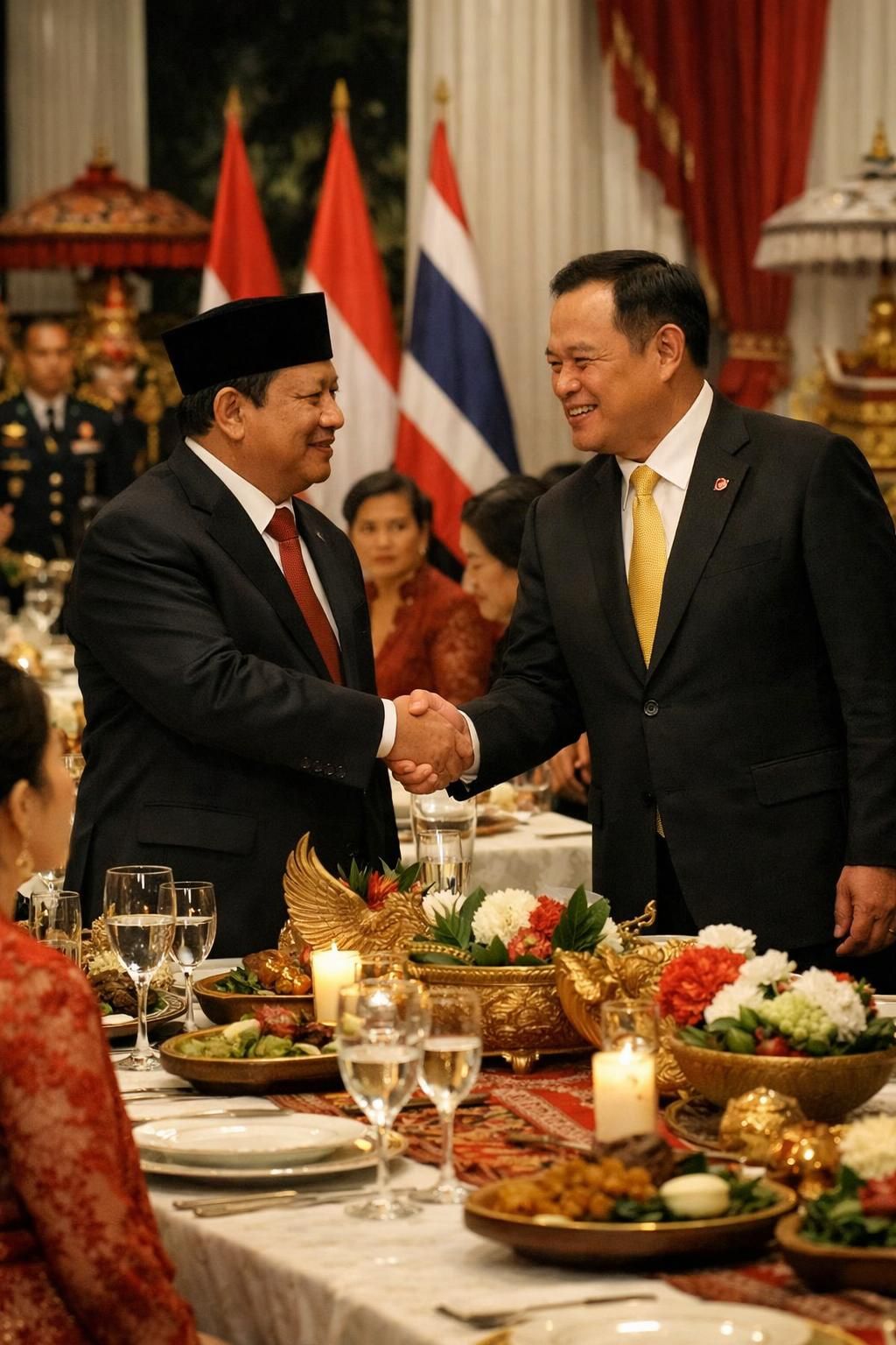 prabowo mengadakan makan malam persahabatan di mana perdana menteri thailand memberikan sanjungan, memperkuat hubungan bilateral antara indonesia dan thailand.