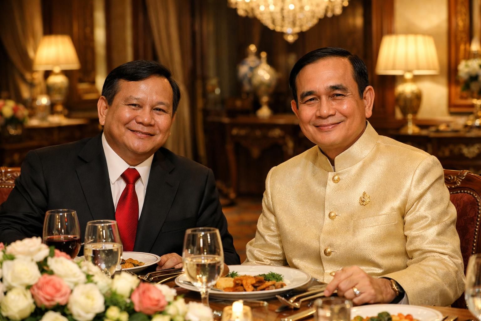prabowo mengadakan makan malam persahabatan yang hangat, dihadiri oleh perdana menteri thailand yang memberikan sanjungan, mempererat hubungan bilateral kedua negara.